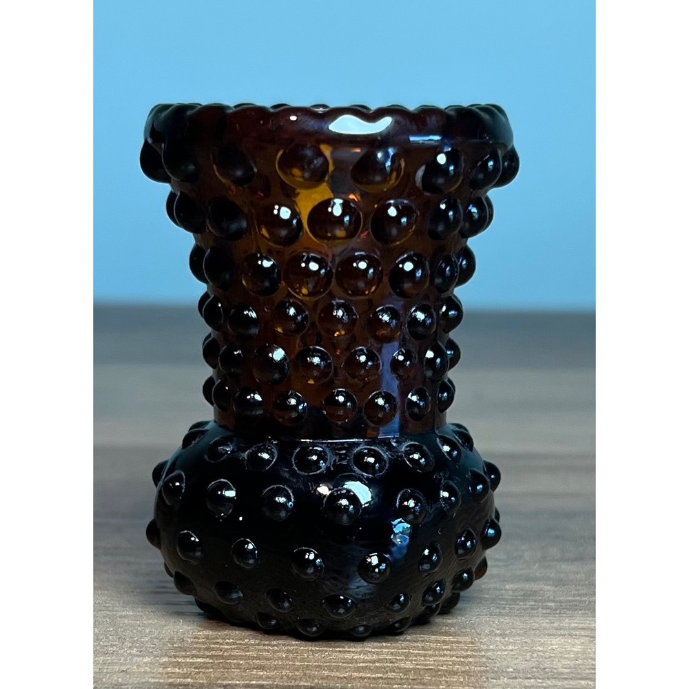 Vintage Amber Hobnail Glass Toothpick Holder Miniature Vase Made in Taiwan Brown